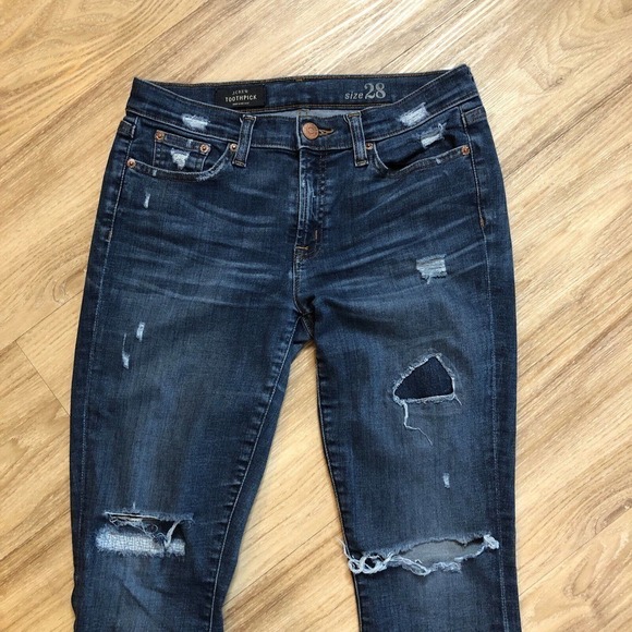 J Crew Toothpick Jeans Women's Size 28 Dark Wash Distressed Tore Patch - Picture 2 of 8